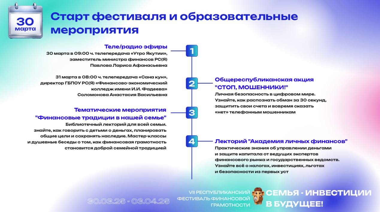 В этом году VII Республиканский фестиваль финансовой грамотности «Семья — инвестиции в будущее!» пройдет с 30 марта по 3 апреля 2026 года В этом году VII Республиканский фестиваль финансовой грамотности «Семья — инвестиции в будущее!» пройдет с 30 марта по 3 апреля 2026 года