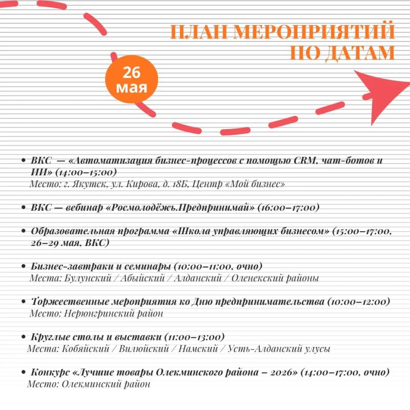 Мы подготовили для вас карточки с программой мероприятий ко Дню российского предпринимательства в Республике Саха (Якутия) 2026! Мы подготовили для вас карточки с программой мероприятий ко Дню российского предпринимательства в Республике Саха (Якутия) 2026!