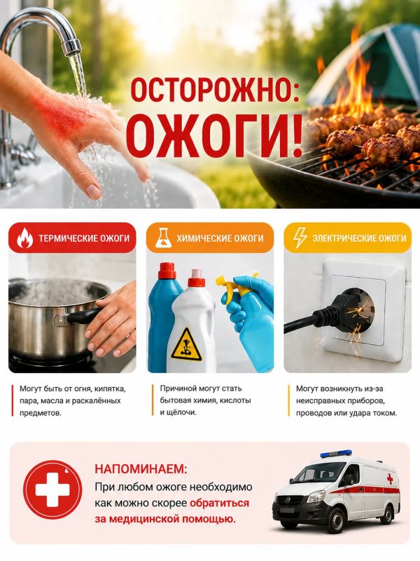 Осторожно: ожоги!. С наступлением тёплой погоды многие выезжают на природу, устраивают пикники и жарят шашлыки
