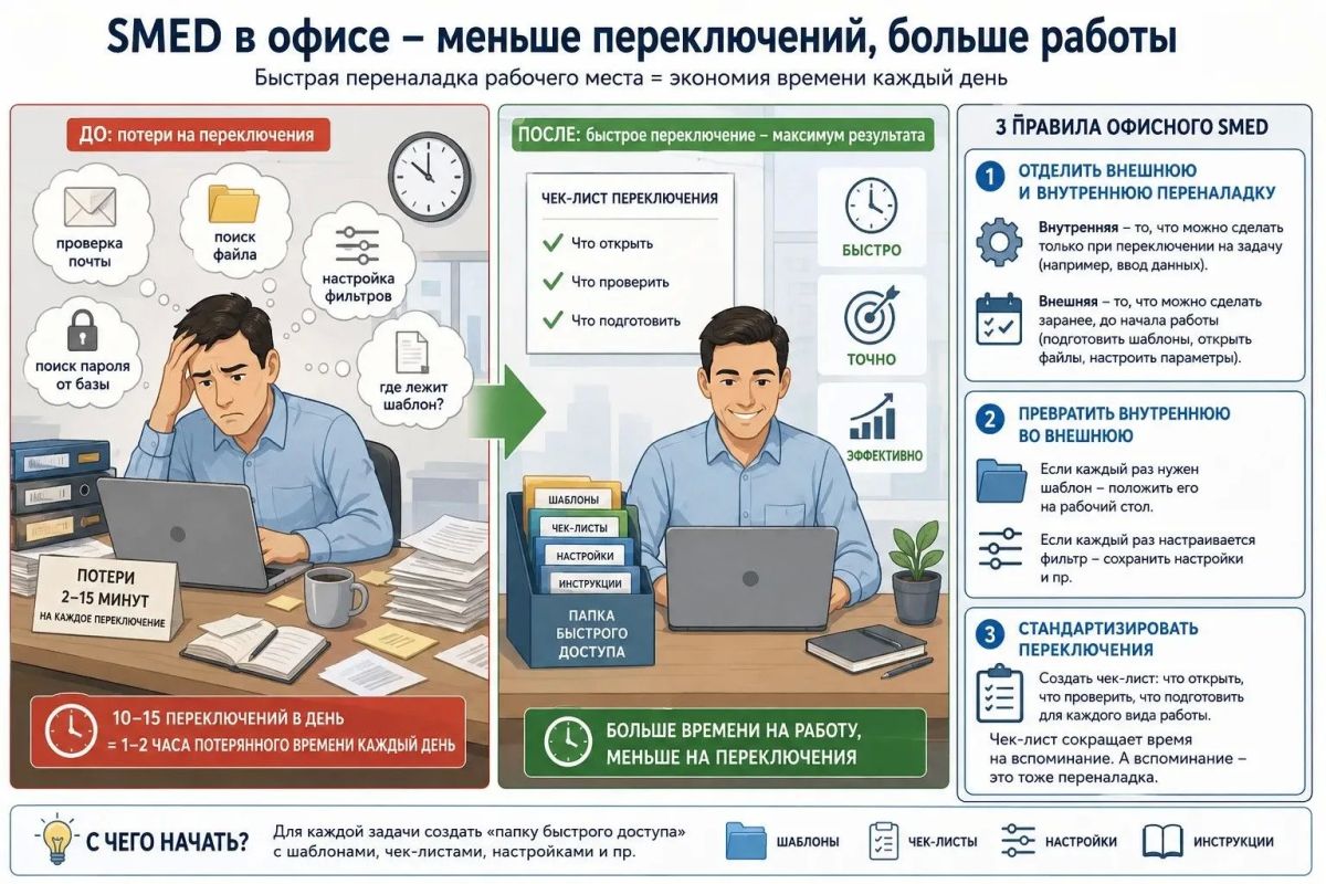 SMED в офисе – как перестать терять час на поиск папки и настройку отчета
