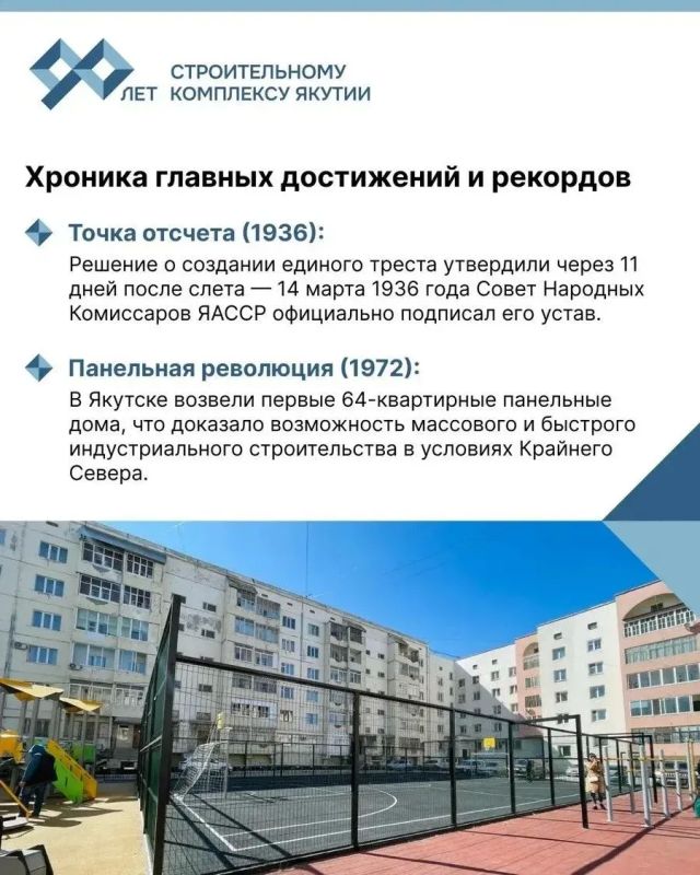 Строительный комплекс Якутии отмечает свое 90-летие: его официальная история началась 3 марта 1936 года на первом республиканском слете стахановцев-строителей, где было решено объединить разрозненные артели в единый... Строительный комплекс Якутии отмечает свое 90-летие: его официальная история началась 3 марта 1936 года на первом республиканском слете стахановцев-строителей, где было решено объединить разрозненные артели в единый...