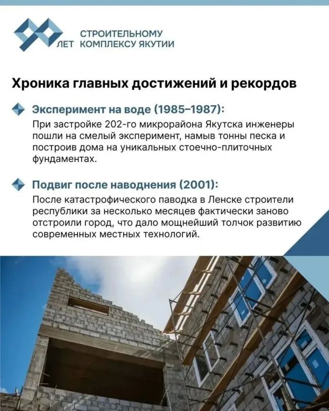 Строительный комплекс Якутии отмечает свое 90-летие: его официальная история началась 3 марта 1936 года на первом республиканском слете стахановцев-строителей, где было решено объединить разрозненные артели в единый... Строительный комплекс Якутии отмечает свое 90-летие: его официальная история началась 3 марта 1936 года на первом республиканском слете стахановцев-строителей, где было решено объединить разрозненные артели в единый...