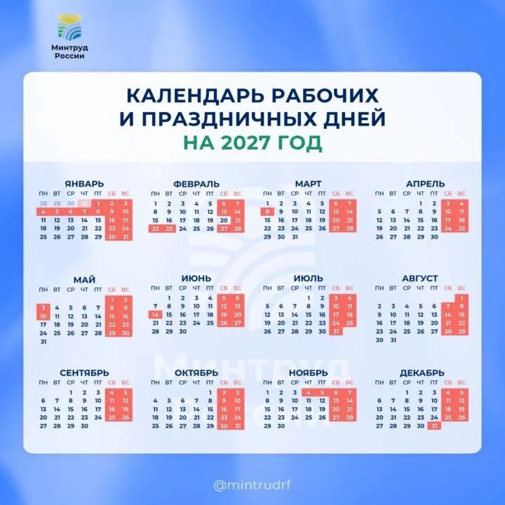 Почти пять месяцев в 2027 году будут отдыхать работающие россияне