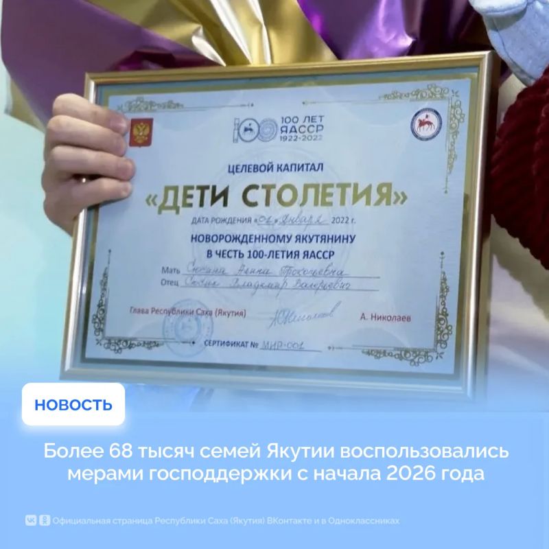 Более 68 тысяч семей Якутии воспользовались мерами господдержки с начала 2026 года