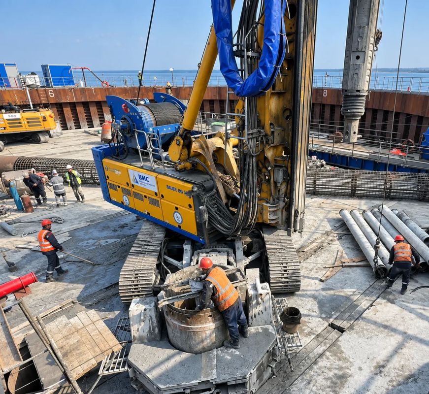 Первые 13 буронабивных свай для пилонов Ленского моста готовы Первые 13 буронабивных свай для пилонов Ленского моста готовы