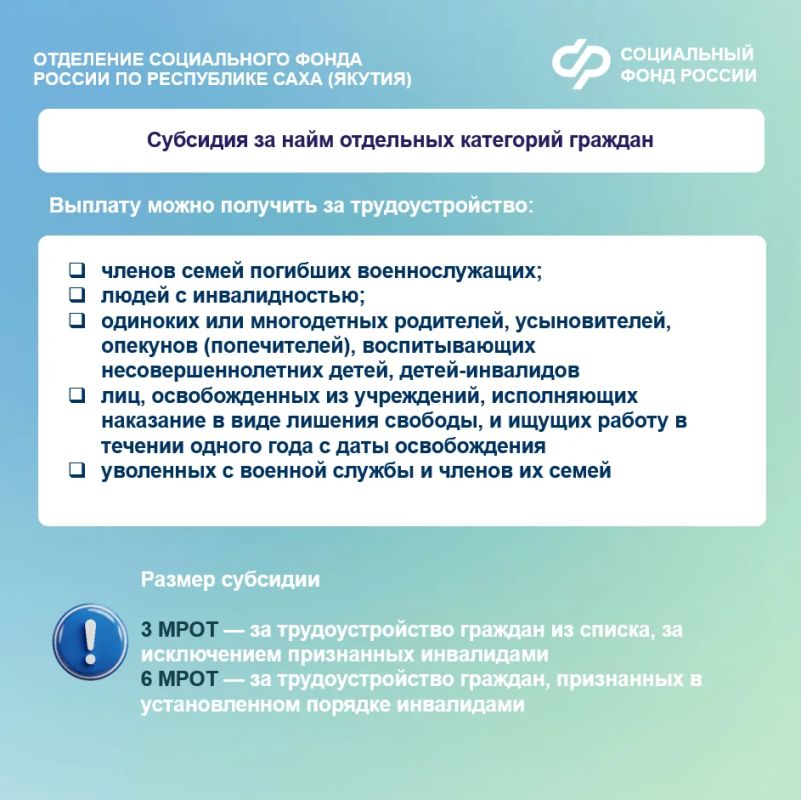 Работодатели Якутии могут получить следующие субсидии за трудоустройство граждан: Работодатели Якутии могут получить следующие субсидии за трудоустройство граждан: